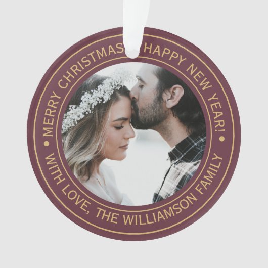 Elegant bordeauxrood kerstmonogram foto ornament (voorkant)