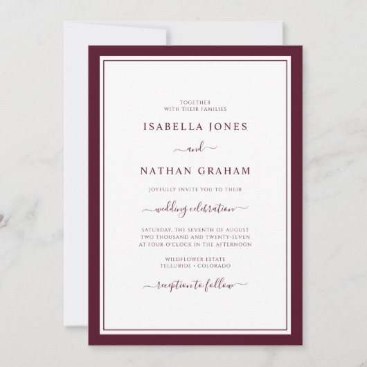 Elegant Border Minimalist Burgundy Script Weduwsch Kaart (Voorkant)