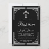 Elegant Border Zilveren Kruis Doop Kaart (Voorkant)