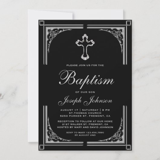 Elegant Border Zilveren Kruis Doop Kaart (Voorkant)