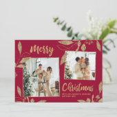 Elegant Bordo Gold Leaves 2 Fotokerstkaart (Staand voorkant)