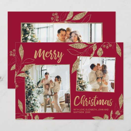 Elegant Bordo Gold Leaves 2 Fotokerstkaart (Voorkant / Achterkant)