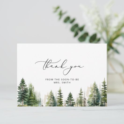 Elegant bos dennenbomen vrijgezellenfeest dank u kaart (Staand voorkant)