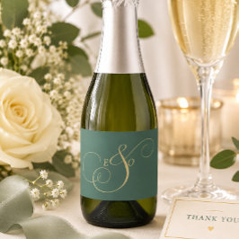 Elegant Bos Emeald Groen Goud Monogram Huwelijk Sparkling Wijnetiket