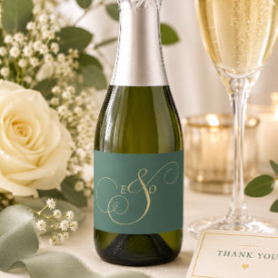 Elegant Bos Emeald Groen Goud Monogram Huwelijk Sparkling Wijnetiket