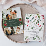 Elegant bos groen botanisch blad 3 foto feestdagenkaart<br><div class="desc">Dit collectie is voorzien van waterverf rode bloemen,  bessen & wintergroen met een moderne en elegante typografie,  met een winterbotanische patroonrug.</div>