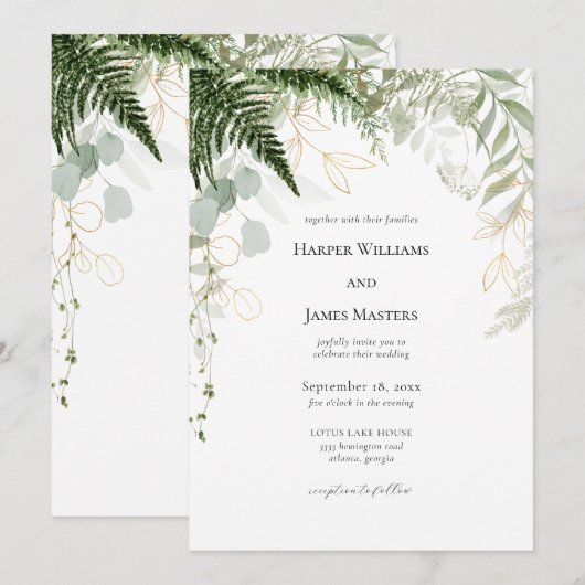 Elegant Bos groen en gouden bruiloft Kaart (Voorkant / Achterkant)