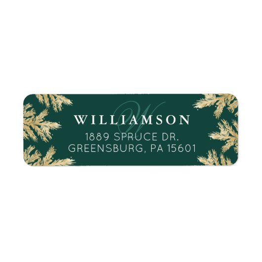 Elegant bos groen & goud dennenbos monogram etiket (Voorkant)