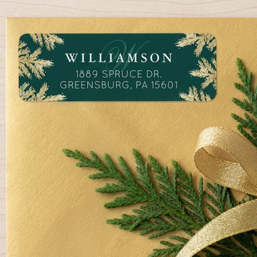 Elegant bos groen & goud dennenbos monogram etiket