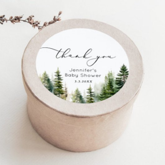 Elegant bos pijnbomen baby shower dank u ronde sticker