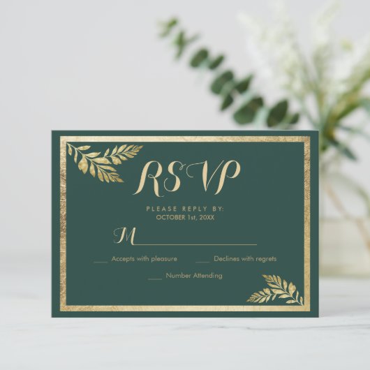 Elegant bosgroen gouden blad RSVP (Staand voorkant)