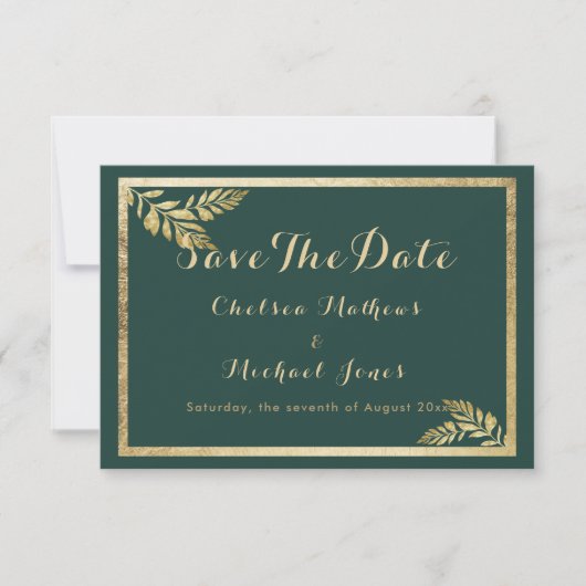 Elegant bosgroen gouden blad Save The Date (Voorkant)