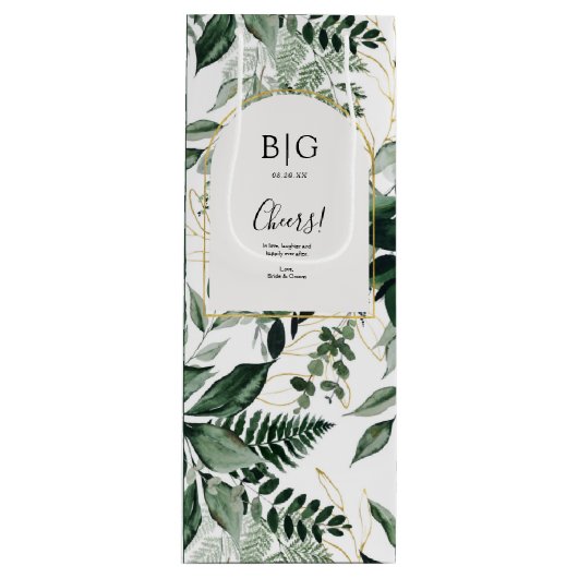 Elegant Botanic Greenery Wedding wine Bottle Wijn Cadeautas (Voorkant)