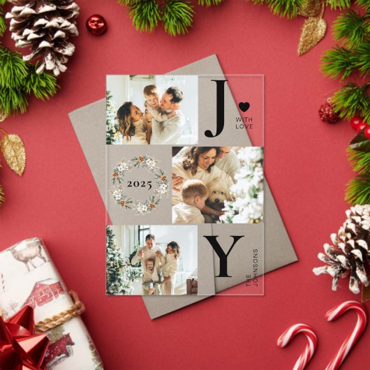 Elegant Botanica Photo Collage Joy Christmas Card Acryl Uitnodigingen (Insity (Feestdagen))