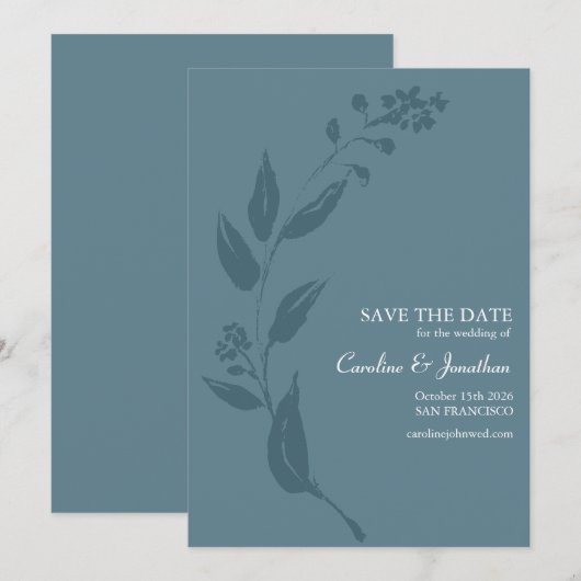 Elegant Botanical Blauwgroen Blue Minimalist Wedde Save The Date (Voorkant / Achterkant)
