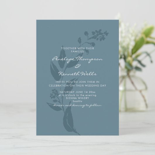 Elegant Botanical Blauwgroen Blue Silhouette Weddi Kaart (Staand voorkant)