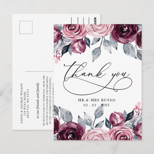 Elegant Botanical Blush Burgundy Floral Thank You Briefkaart (Voorkant / Achterkant)