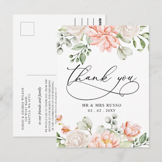 Elegant Botanical Blush Pink Floral Thank You Briefkaart (Voorkant / Achterkant)