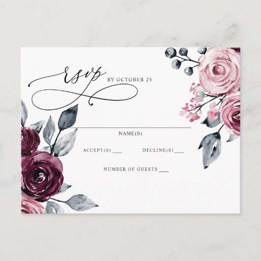 Elegant Botanical Burgundy Floral RSVP Briefkaart (Voorkant)