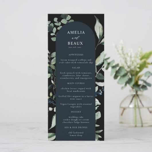 Elegant Botanical Calligraphy Weddenrenmenu (Staand voorkant)