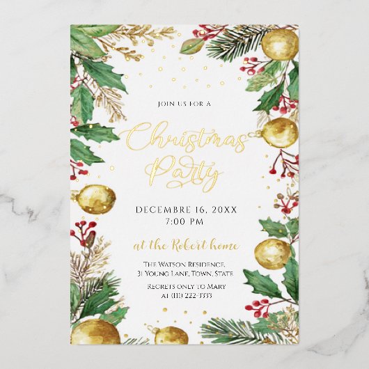 Elegant Botanical Christmas Holiday Party Foil Folie Uitnodiging (Voorkant)