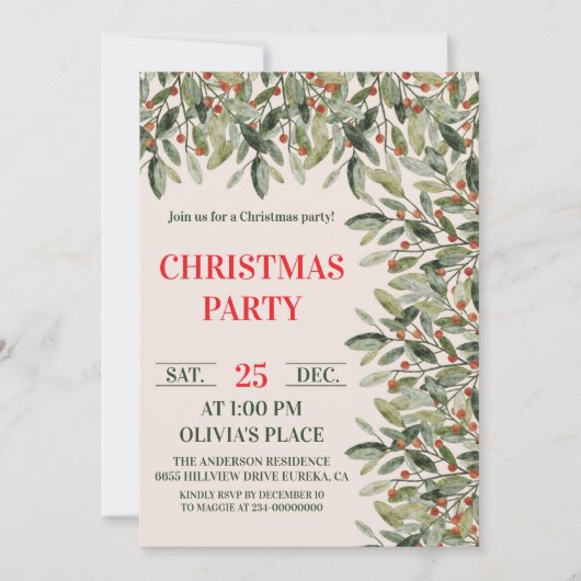 Elegant Botanical Christmas Party Invitation Kaart (Voorkant)