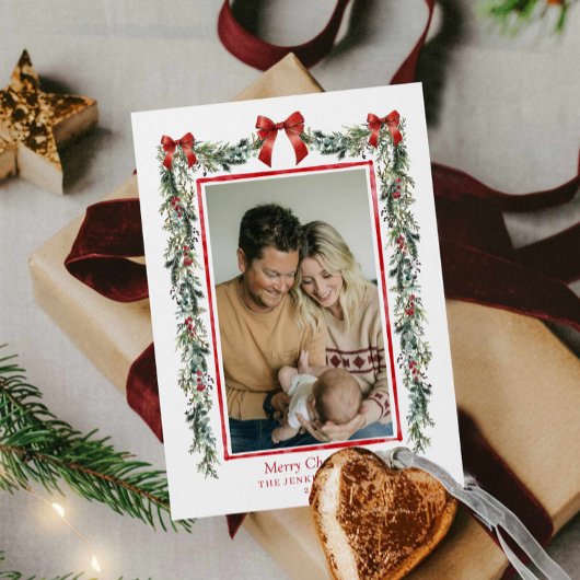 Elegant Botanical Christmas Photo Card Kaart