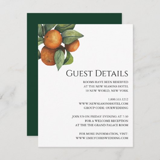 Elegant Botanical Citrus Greenery Wedding Informatiekaartje (Voorkant / Achterkant)