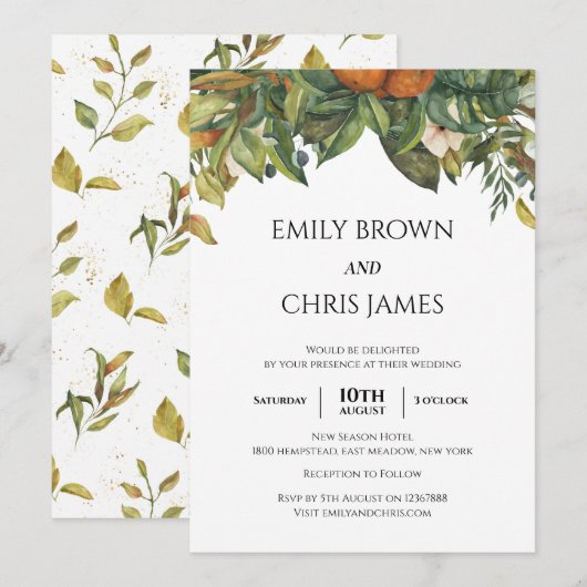 Elegant Botanical Citrus Greenery Wedding Kaart (Voorkant / Achterkant)