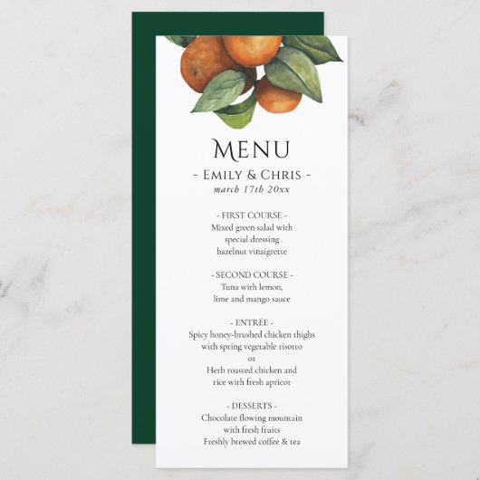 Elegant Botanical Citrus Greenery Wedding Menu (Voorkant / Achterkant)