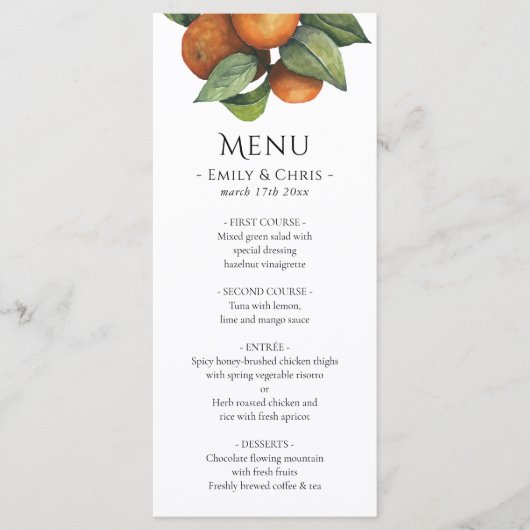 Elegant Botanical Citrus Greenery Wedding Menu (Voorkant)