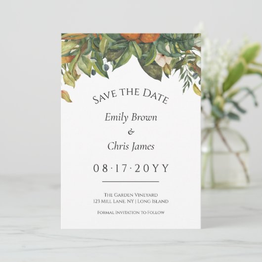 Elegant Botanical Citrus Greenery Wedding Save The Date (Staand voorkant)