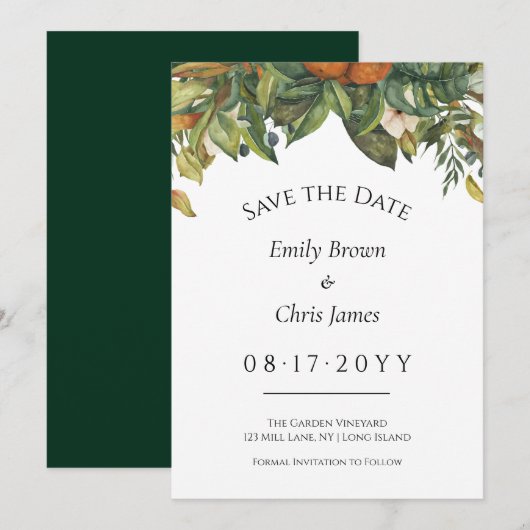 Elegant Botanical Citrus Greenery Wedding Save The Date (Voorkant / Achterkant)