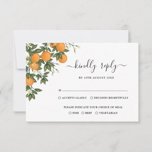 Elegant Botanical Citrus Sinaasappel Wedding RSVP Kaart (Voorkant)