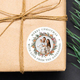 Elegant Botanical Citrus Wreath Photo Christmas Ronde Sticker