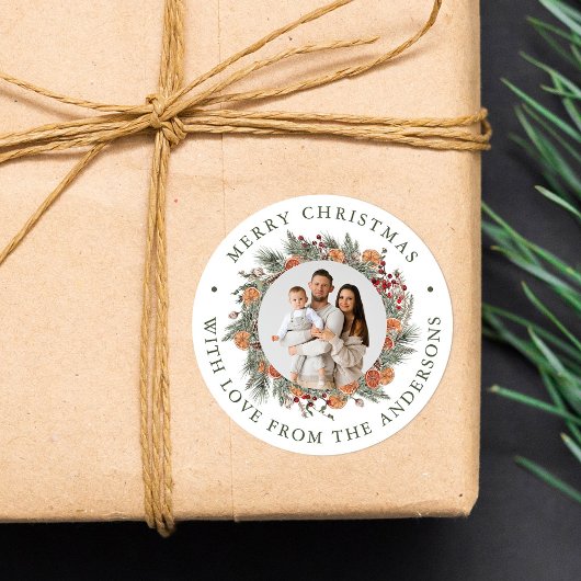 Elegant Botanical Citrus Wreath Photo Christmas Ronde Sticker