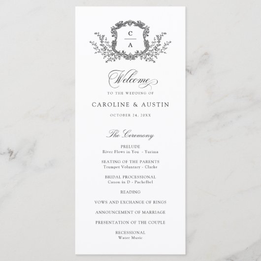 Elegant  Botanical Crest Wedding Programme Programmakaart (Voorkant)