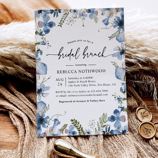 Elegant Botanical Dusty Blue Floral Bridal Brunch Kaart