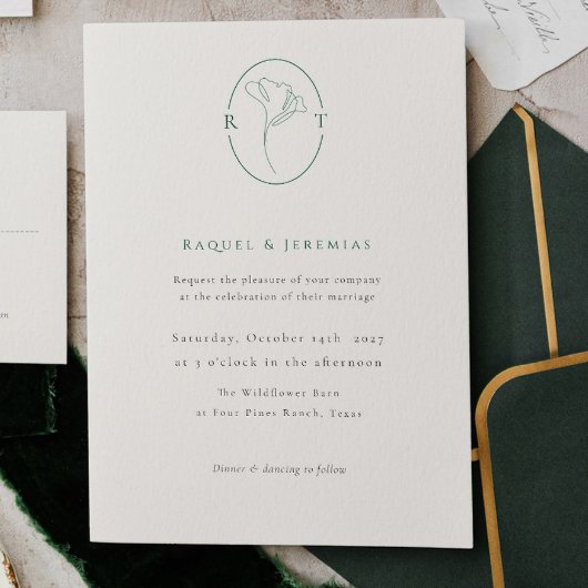 Elegant Botanical Emerald Monogram Wedding Kaart