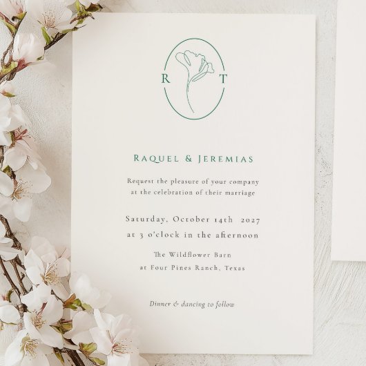 Elegant Botanical Emerald Monogram Wedding Kaart