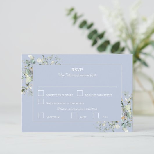 Elegant Botanical Eucalyptus Greenery, Hydrangea RSVP Kaartje (Staand voorkant)