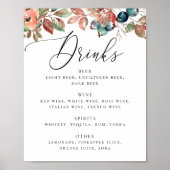 Elegant Botanical Fall Wedding | Bar Drinks Menu Poster (Voorkant)