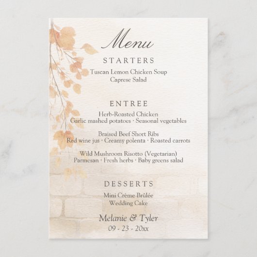 Elegant Botanical Fall Wedding Menu Card (Voorkant)