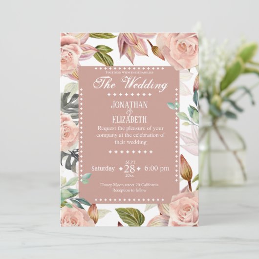 Elegant botanical floral bruiloft rozen kaart (Staand voorkant)