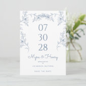 Elegant Botanical Floral Dusty Blue Wedding Save The Date (Staand voorkant)