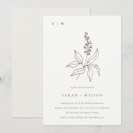 Elegant Botanical Floral Sketch Monogram Weddensch Kaart (Voorkant / Achterkant)