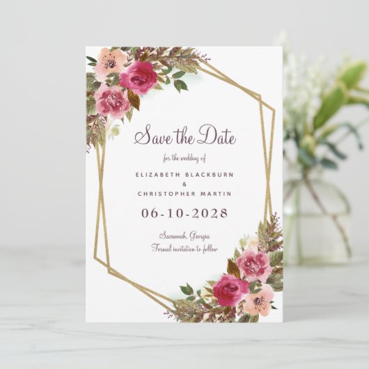 Elegant Botanical Floral Wedding Greenery Paars Save The Date (Staand voorkant)