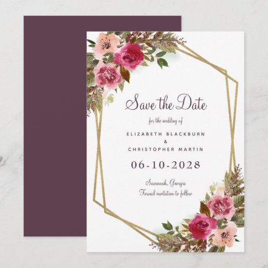 Elegant Botanical Floral Wedding Greenery Paars Save The Date (Voorkant / Achterkant)