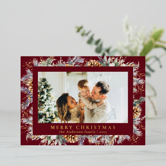 Elegant Botanical Foliage | Red Merry Christmas Folie Feestdagenkaart (Staand Voorkant)