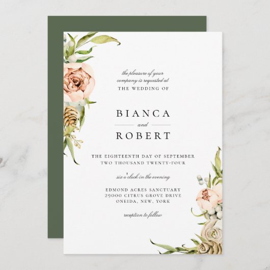 Elegant Botanical Forest Floral Wedding Invitation Kaart (Voorkant / Achterkant)